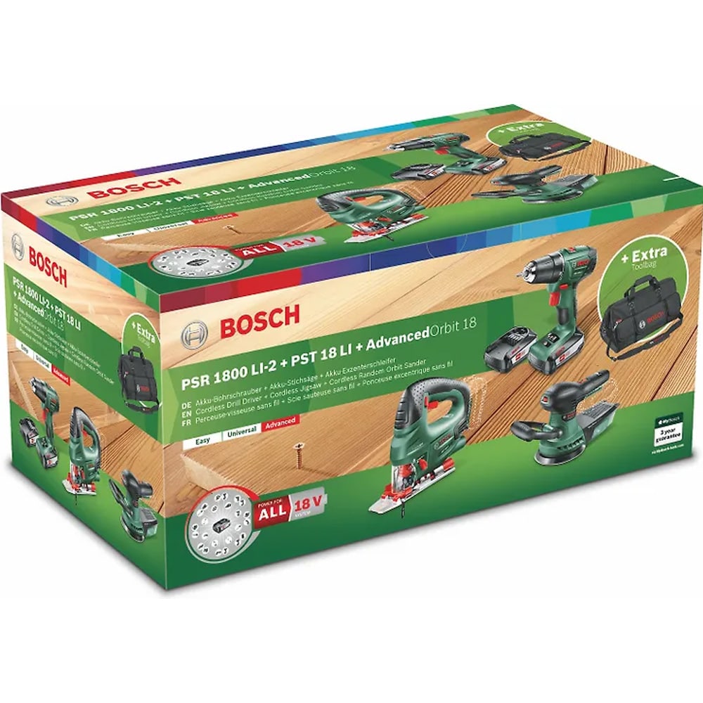 Bosch 18 V batterisæt med oplader / værktøjspakke med 2 x 2,5 Ah Li-Ion-batterier og taske