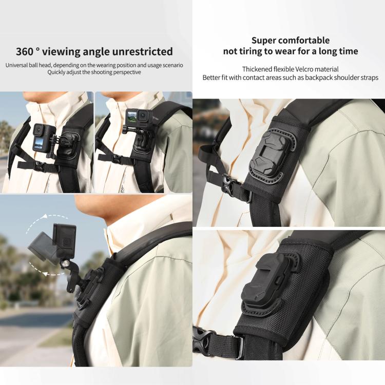 Kamerafæste til rygsæk / rygsækclips med velcro / fæste til actionkamera / sort