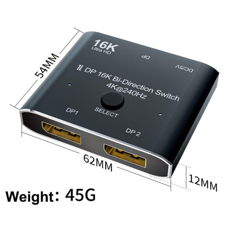 DisplayPorts-switch 16K / DisplayPort-switch 2 ind 1 ud / DP-switch tovejs