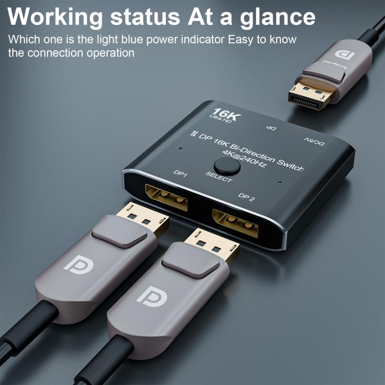 DisplayPorts-switch 16K / DisplayPort-switch 2 ind 1 ud / DP-switch tovejs