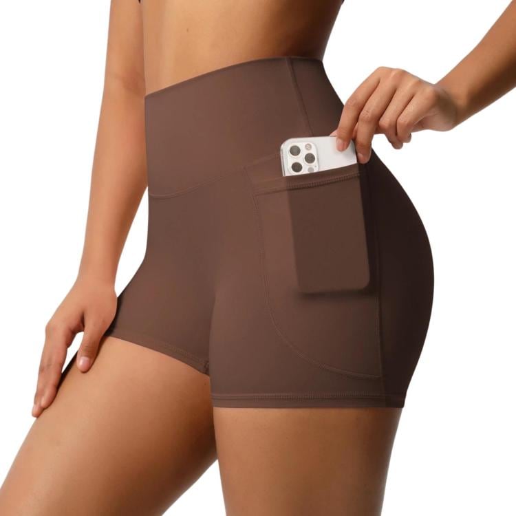 Yogashorts med høj talje og lommer, størrelse M – Kastanjebrun / trekvartslange yogashorts