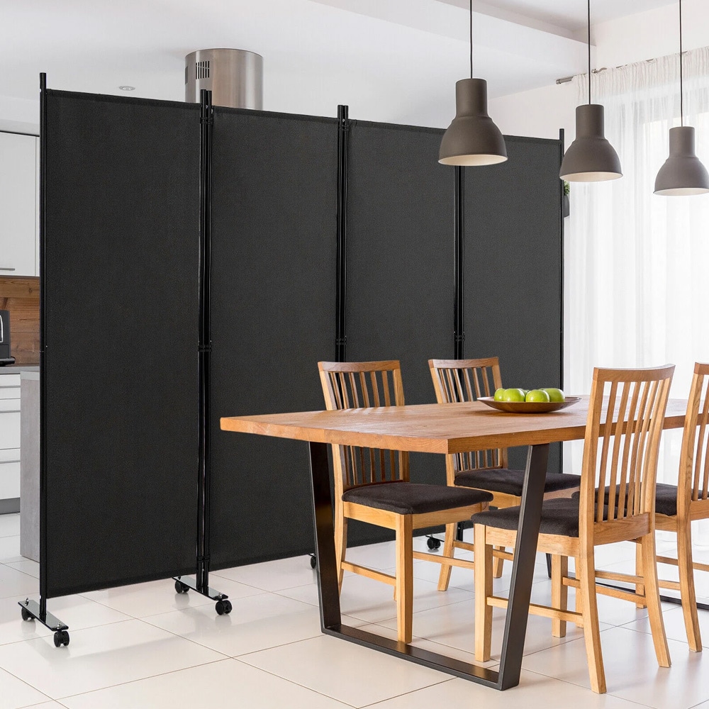 Rumdeler på hjul med 4 paneler, H 173 cm – Svart / Mobil rumdeler med hjul