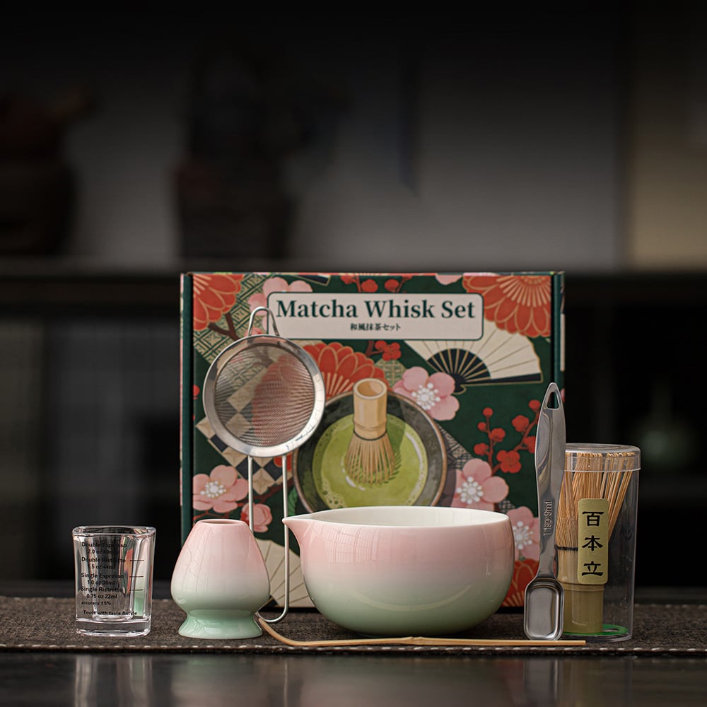 Matcha-tesæt / 7-delt matcha-sæt i farveovergang / matcha-sæt med skål i farveovergang og bambuspiskeris