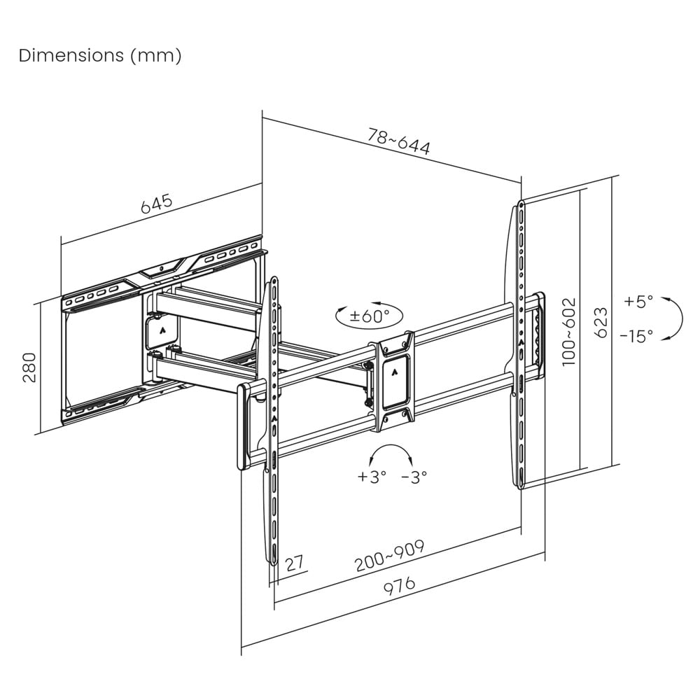 Full-motion TV-vægbeslag 50-105 tommer / drejeligt og vipbart TV-beslag / VESA-beslag op til 75 kg