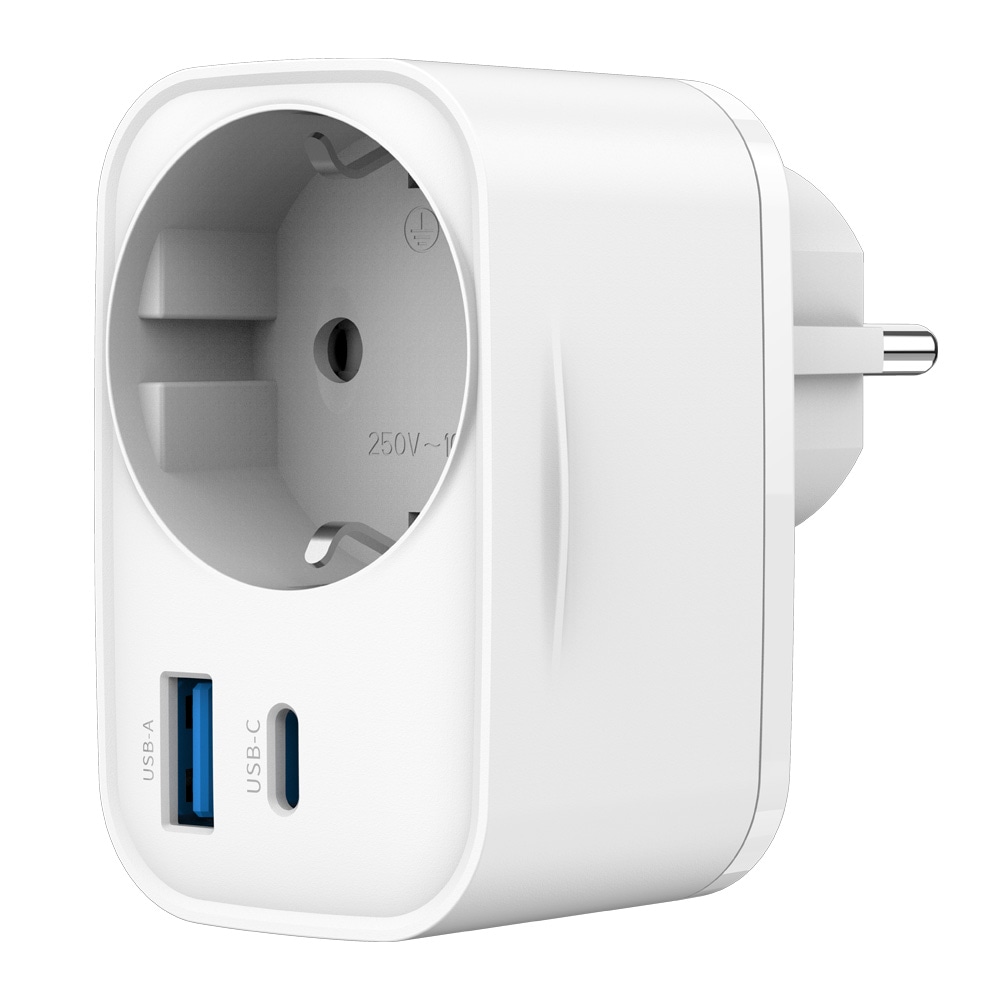 USB-hurtigoplader 20 W med indbygget stikkontakt / USB-C PD og USB-A QC 3.0 / hvid vægoplader / mobiloplader