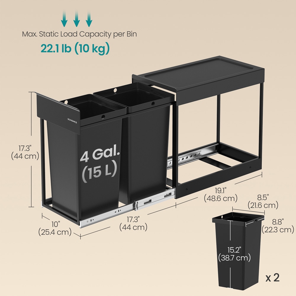 Udtrækkelig affaldssortering 2 x 15 L / indbygget affaldsspand / køkkenaffaldsspand til kildesortering
