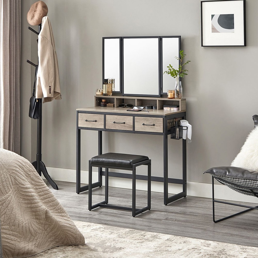 Sminkebord med spejl og skammel / make-up-bord med 3 skuffer / toiletbord i industriel stil – gråbeige / sort