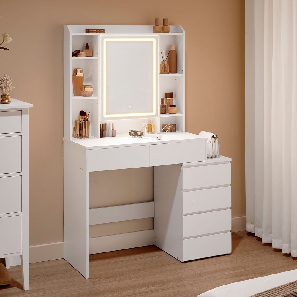 Sminkebord med LED-belysning 40 x 97,5 cm / toiletbord med spejl / hvidt makeupbord med 6 skuffer