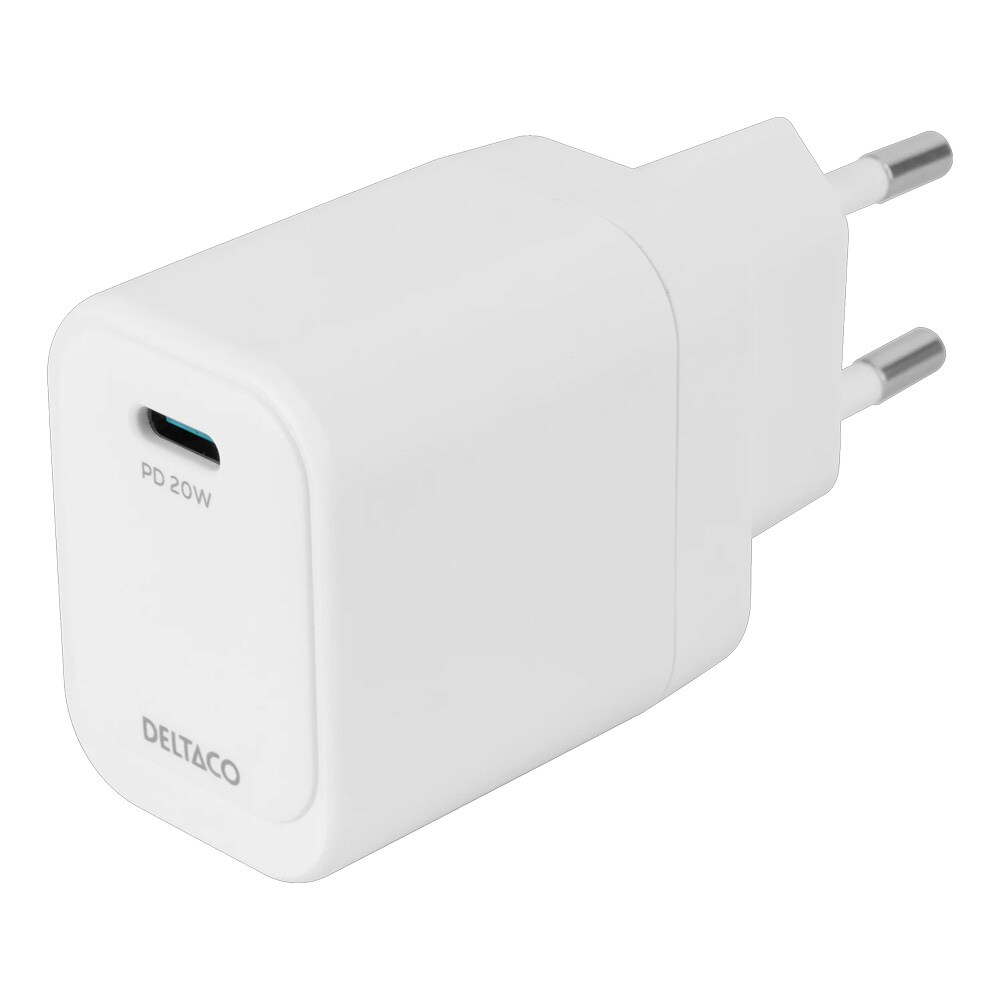 Deltaco USB-C-oplader 1xUSB-C PD 20W - Hvid / USB-C-vægoplader med strømforsyning