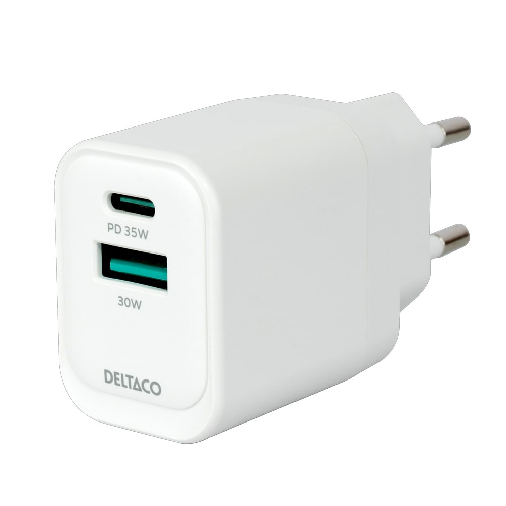 Deltaco USB GaN-vægoplader med 1 x USB 30 W, 1 x USB-C PD 35 W / GaN-oplader med USB-A og USB-C