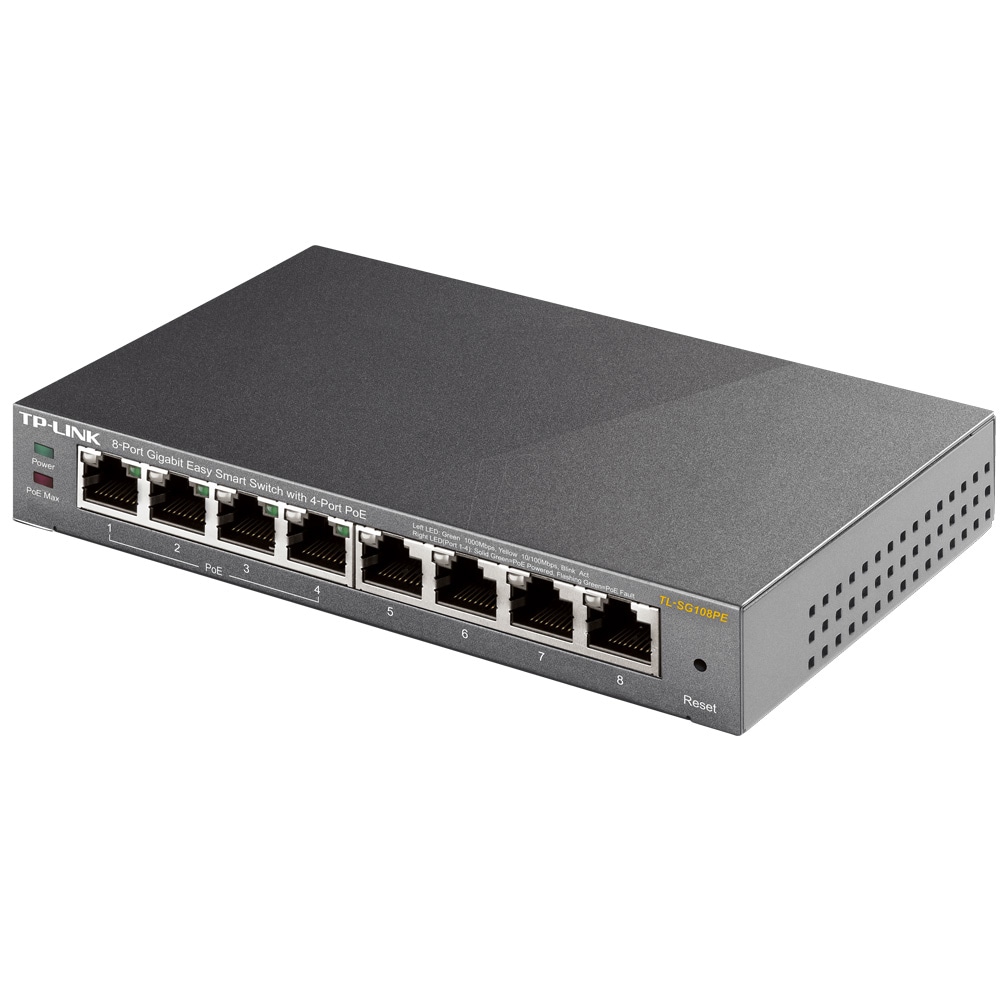 TP-LINK Switch TL-SG108PE / 8-ports PoE-switch / PoE+ gigabit-switch med 4 PoE+-porte