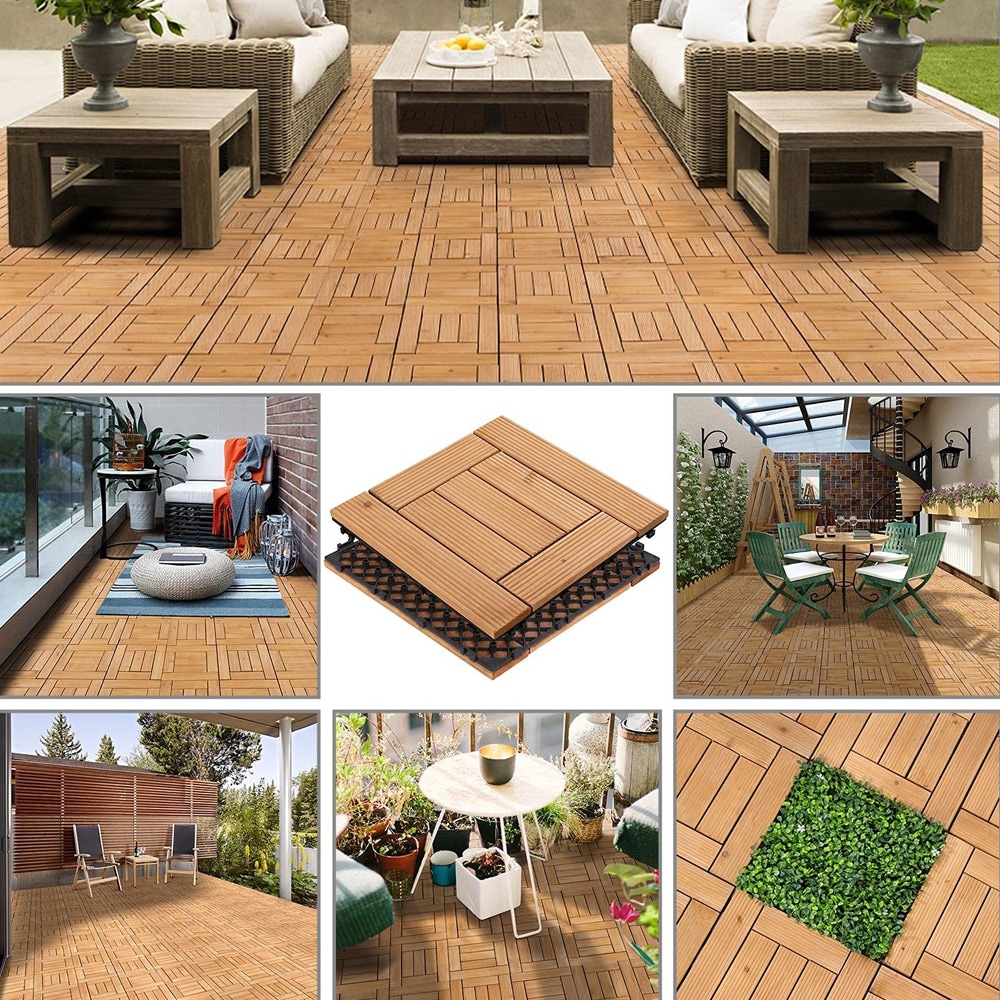 Træfliser 30 x 30 cm / 27 klikfliser i gran til ca. 2,6 m² / gulvfliser til altan og terrasse / terrassefliser