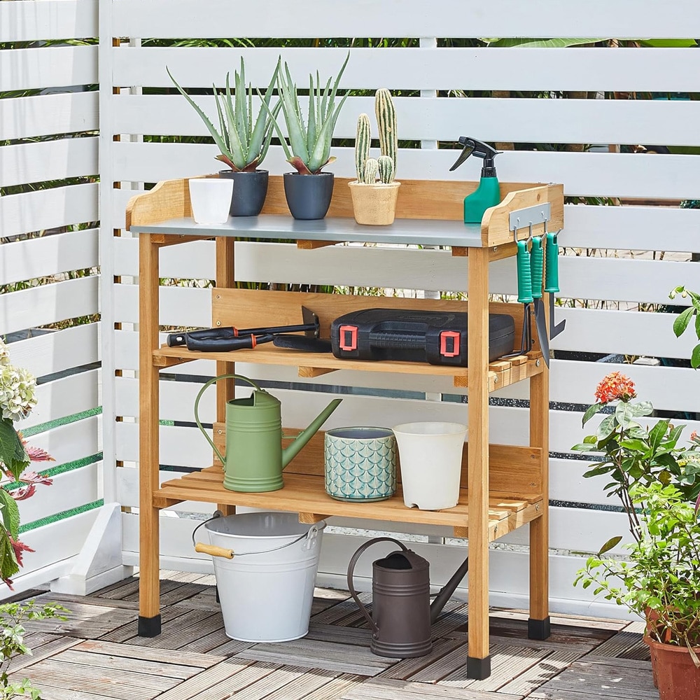 Plantebord 77 x 37 x 90 cm / havebord med galvaniseret arbejdsflade / blomsterbord i træ med hylder