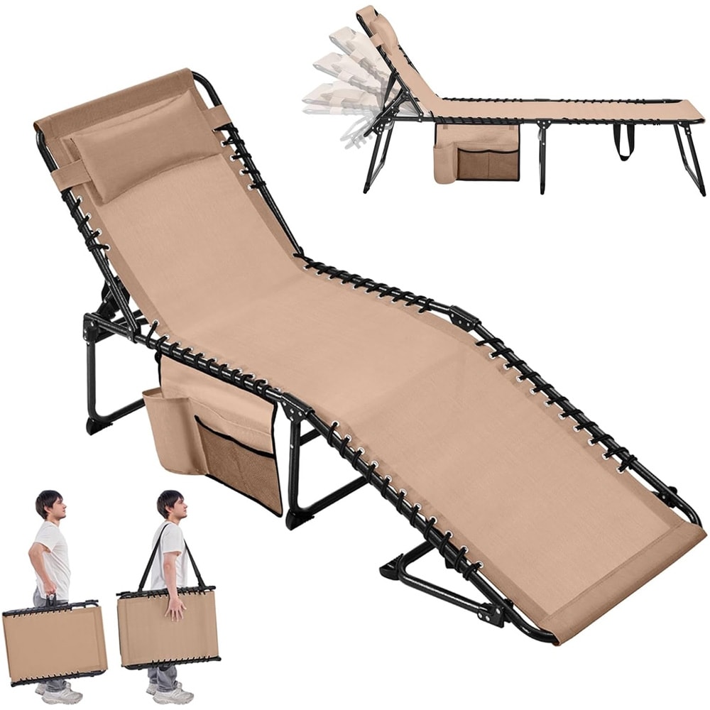 Sammenklappelig solseng 189 x 57 x 38 cm / beige liggeseng med justerbart ryglæn / bærbar seng med sidelomme