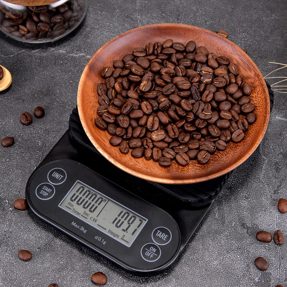 Kaffevægt med timer 3 kg / digital espressovægt med 0,1 g præcision / vægt med silikonemåtte