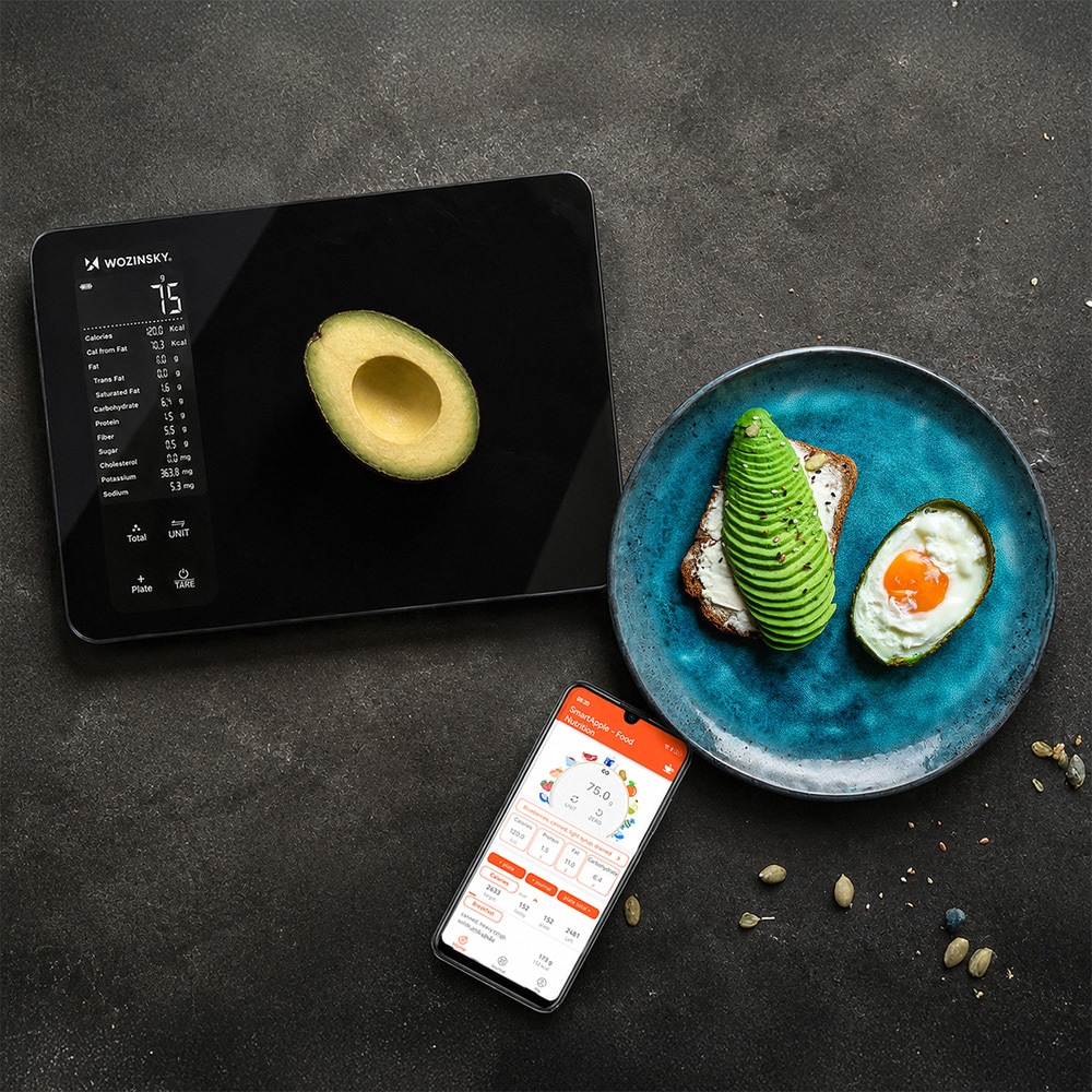 Wozinsky smart køkkenvægt sort / Bluetooth-vægt med app / digital vægt med næringsværdier og 10 kg kapacitet