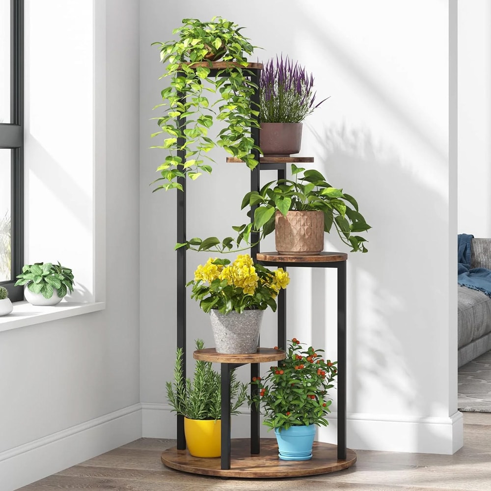 Plantehylde i træ og metal / 4-etagers blomsterreol til hjørner