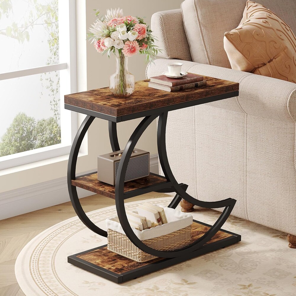 Industrielt sidebord med 3 hylder – Brun-svart – Smalt sidebord i halvmåneform
