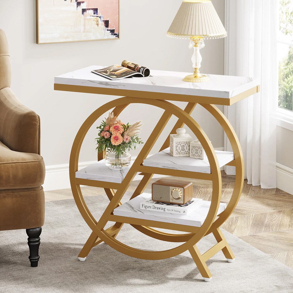 Sidebord med 4 hylder – Kunstmarmor / Guld / Smalt sidebord med marmoreffekt