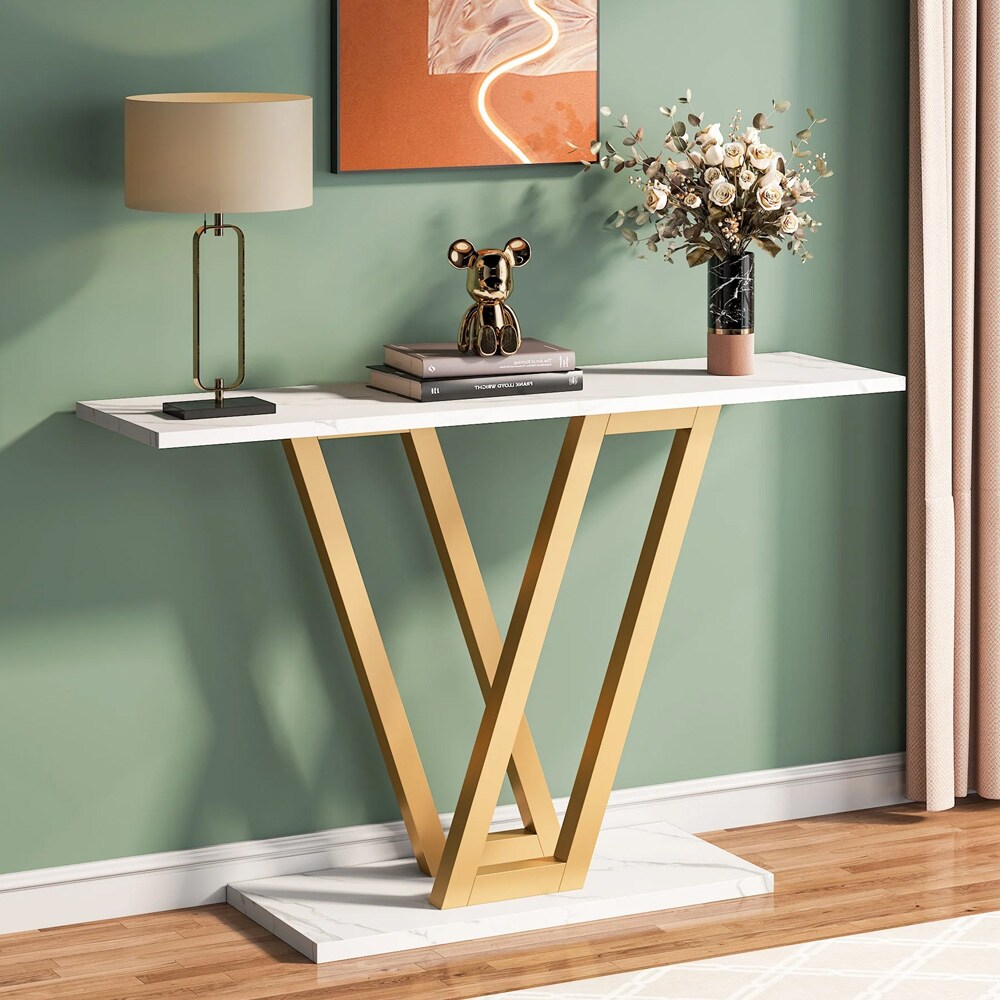Konsolbord i guld og hvid marmorlook 110 x 30 cm / smalt aflastningsbord med metalramme / entrébord / sidebord