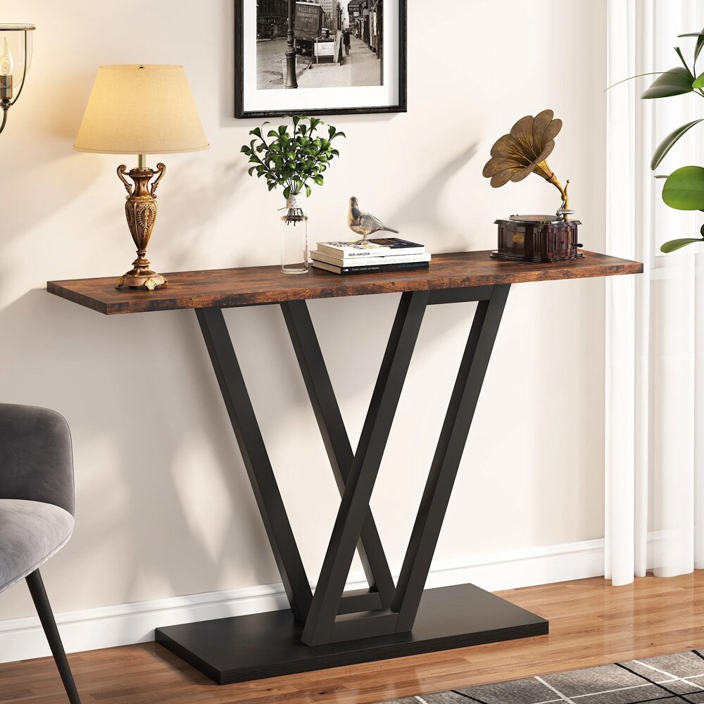 Rustikbrunt konsolbord med sort metalramme 110 x 30 cm / smalt aflastningsbord / entrébord / sidebord