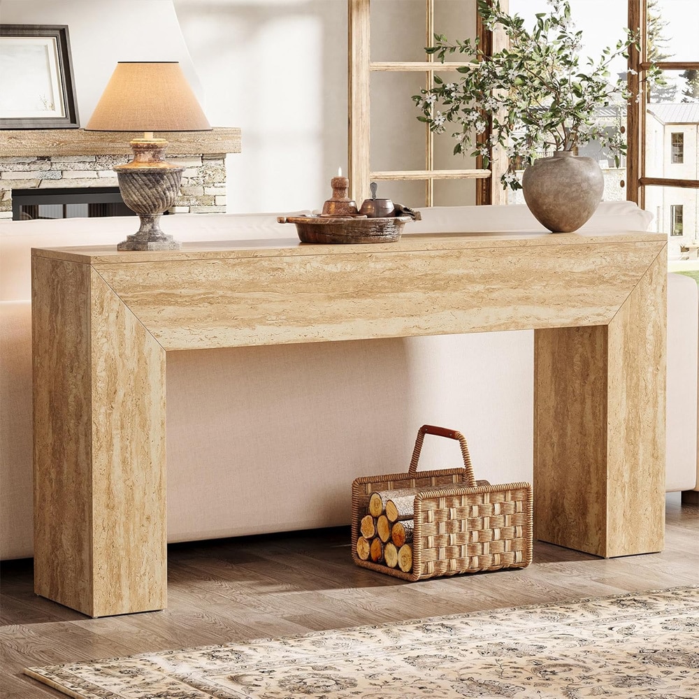 Konsolbord 160 x 30 x 80 cm / smalt entrébord / aflastningsbord i travertinlook / lysbrunt sidebord