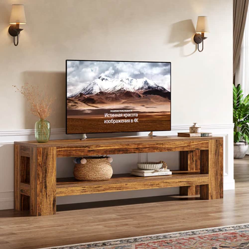 TV-møbel i træ, 150 cm / TV-bænk i træ med opbevaringshylde / rustik mediebænk