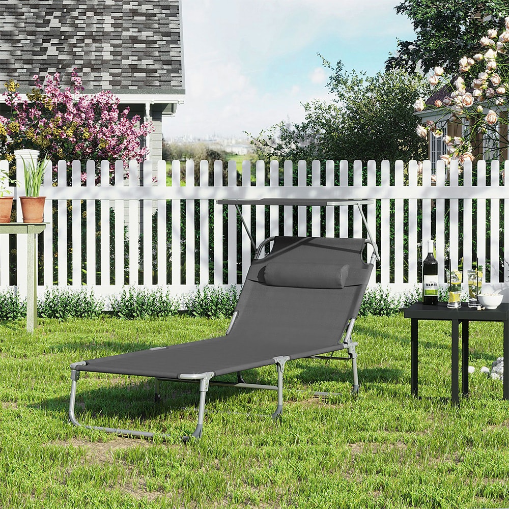Solseng 200 x 71 x 38 cm / sammenklappelig model med solskærm / antracitgrå solseng med justerbart ryglæn
