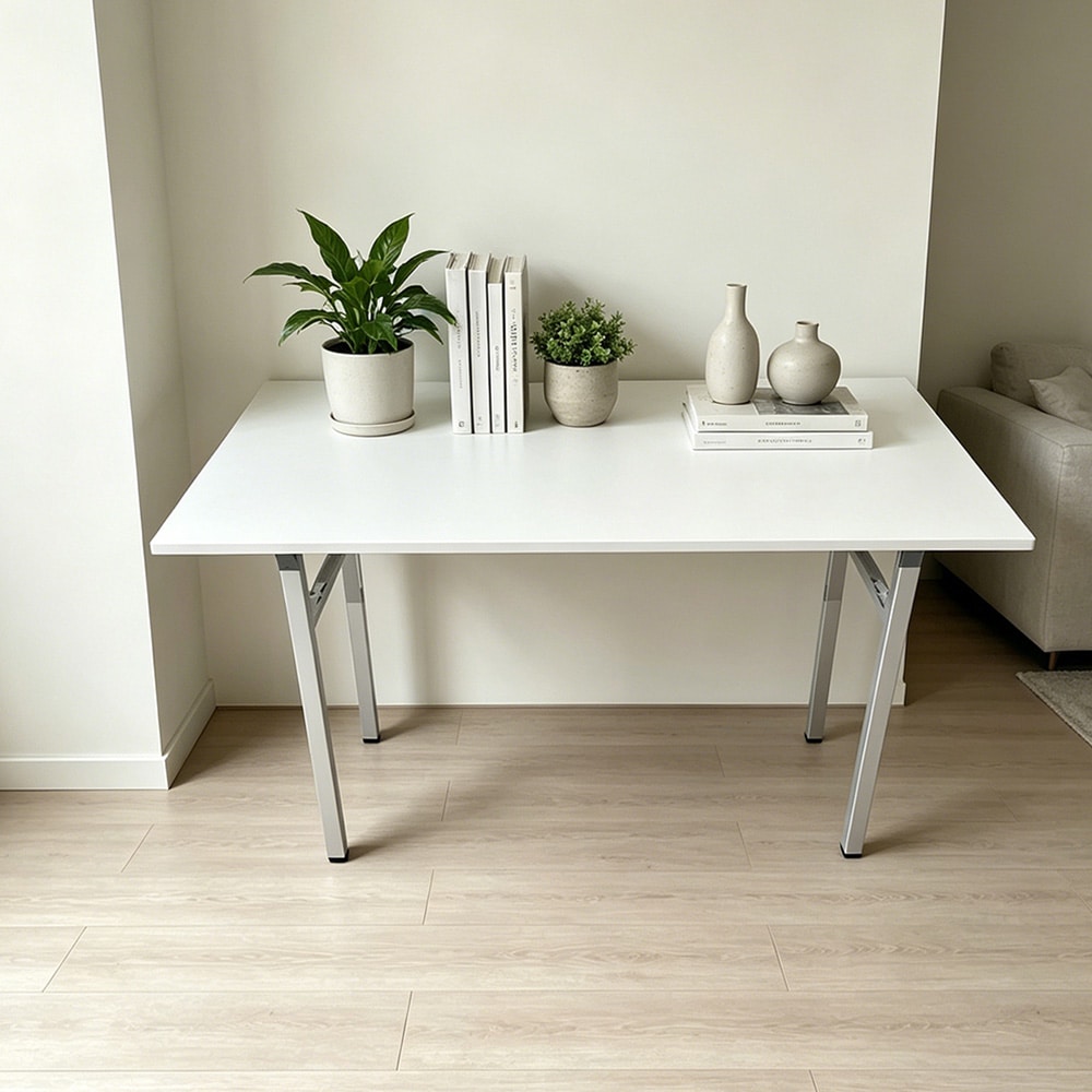 Sammenklappeligt bord 120×60×75 cm / skrivebord med stålramme / monteringsfrit computerbord – Hvid