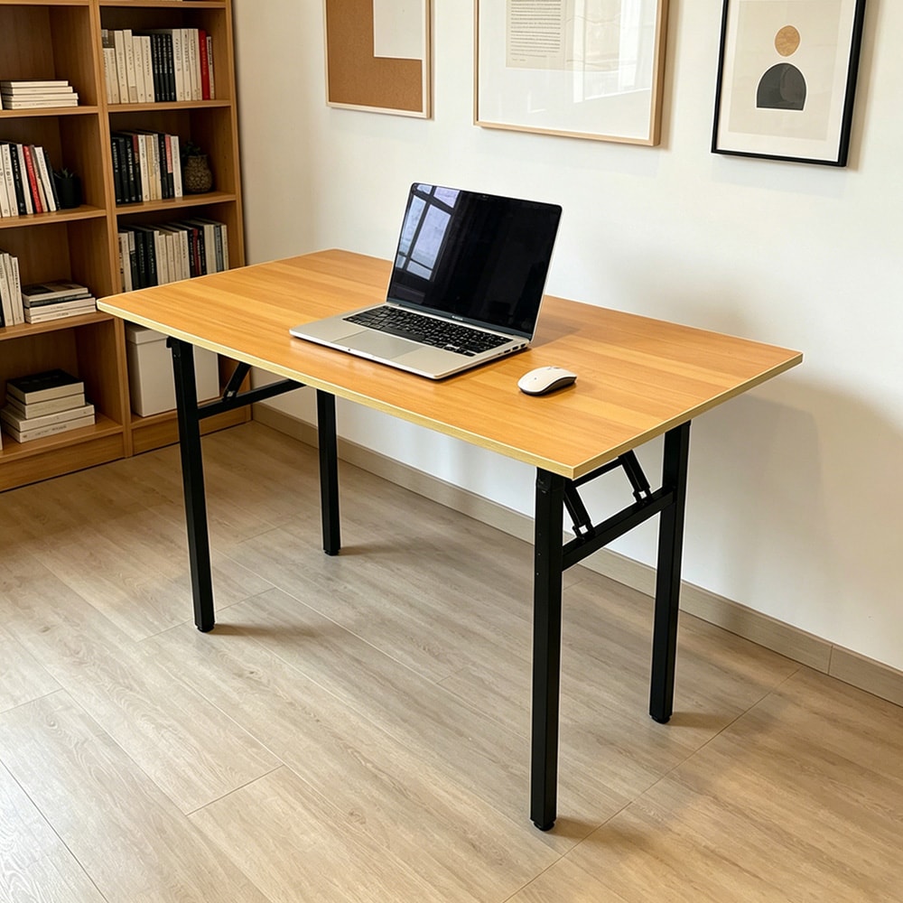 Sammenklappeligt bord 120×60×75 cm / skrivebord med stålramme / monteringsfrit computerbord – Bambus/sort