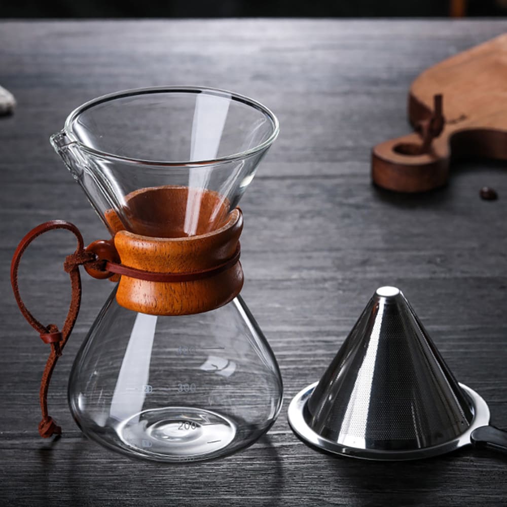Pour-over-kaffebrygger i glas med filter og træhåndtag, 400 ml / Håndbrygger til kaffe