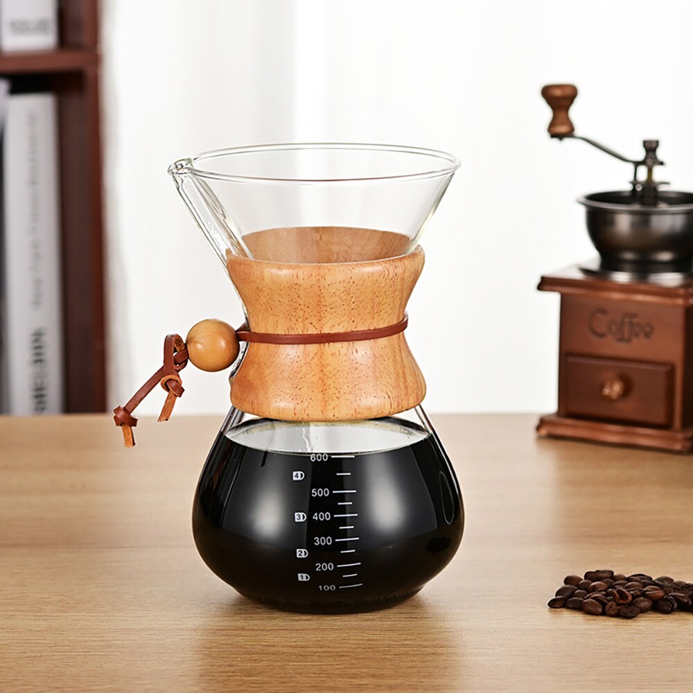 Pour-over-kaffebrygger i glas med filter og træhåndtag, 600 ml / Håndbrygger til kaffe