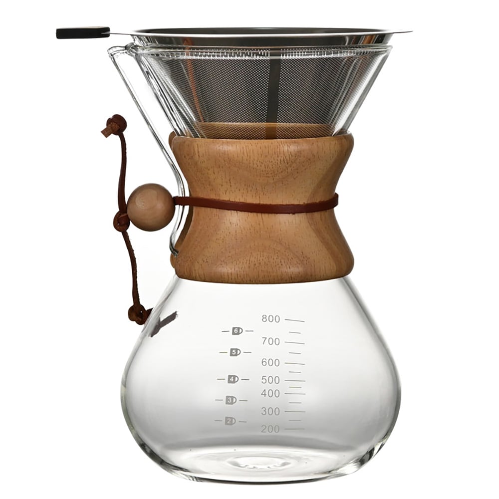 Pour-over-kaffebrygger i glas med filter og træhåndtag, 800 ml / Kaffebrygger til manuel brygning