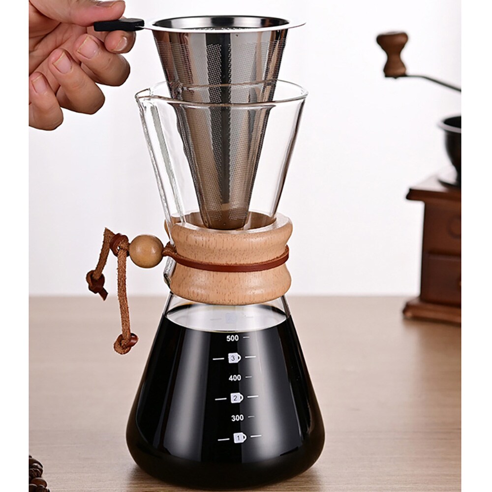 Pour-over-kaffebrygger i glas med filter og træhåndtag, 600 ml / Kaffebrygger til manuel brygning