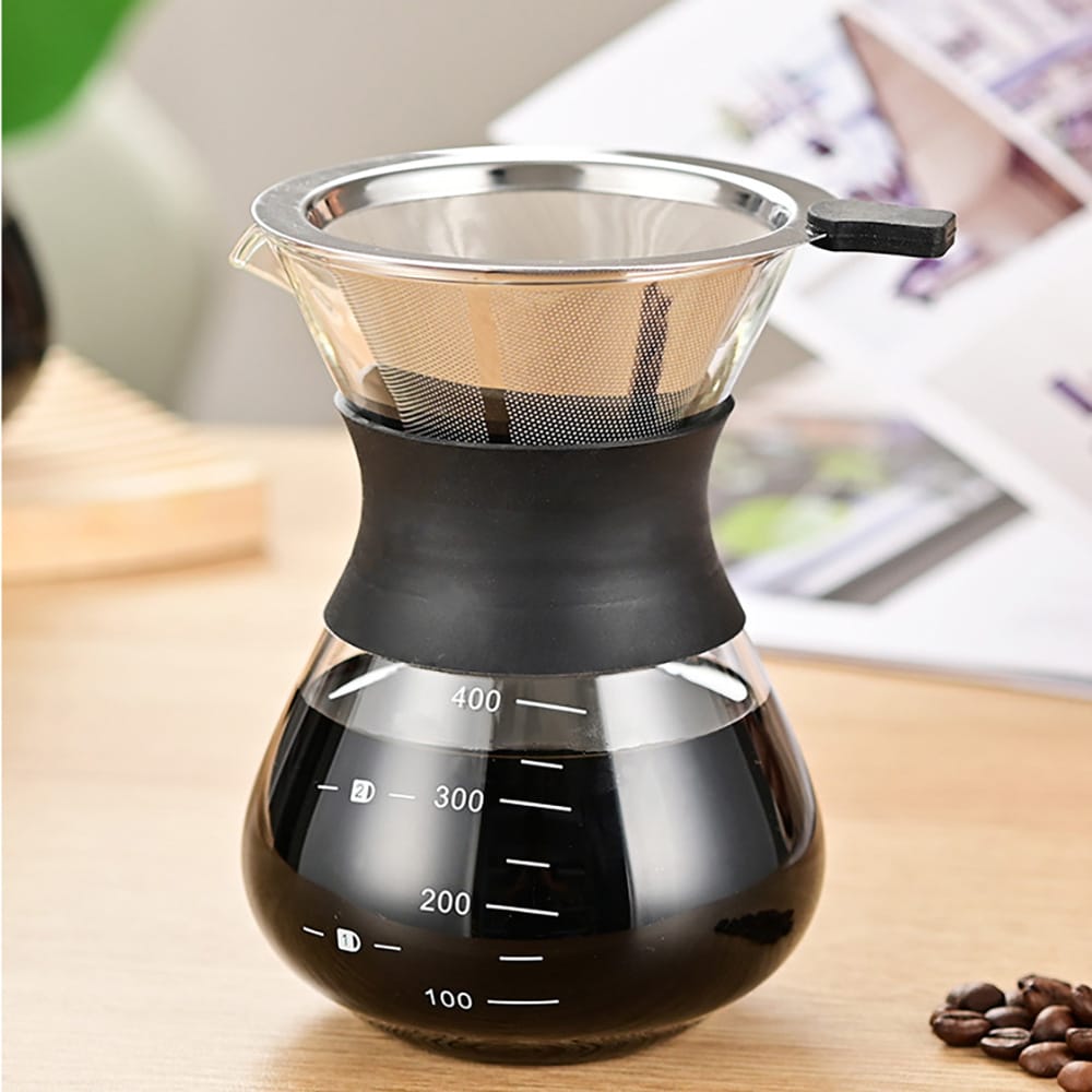 Pour-over-kaffebrygger i glas med filter og silikonehåndtag, 400 ml / Kaffebrygger til manuel brygning