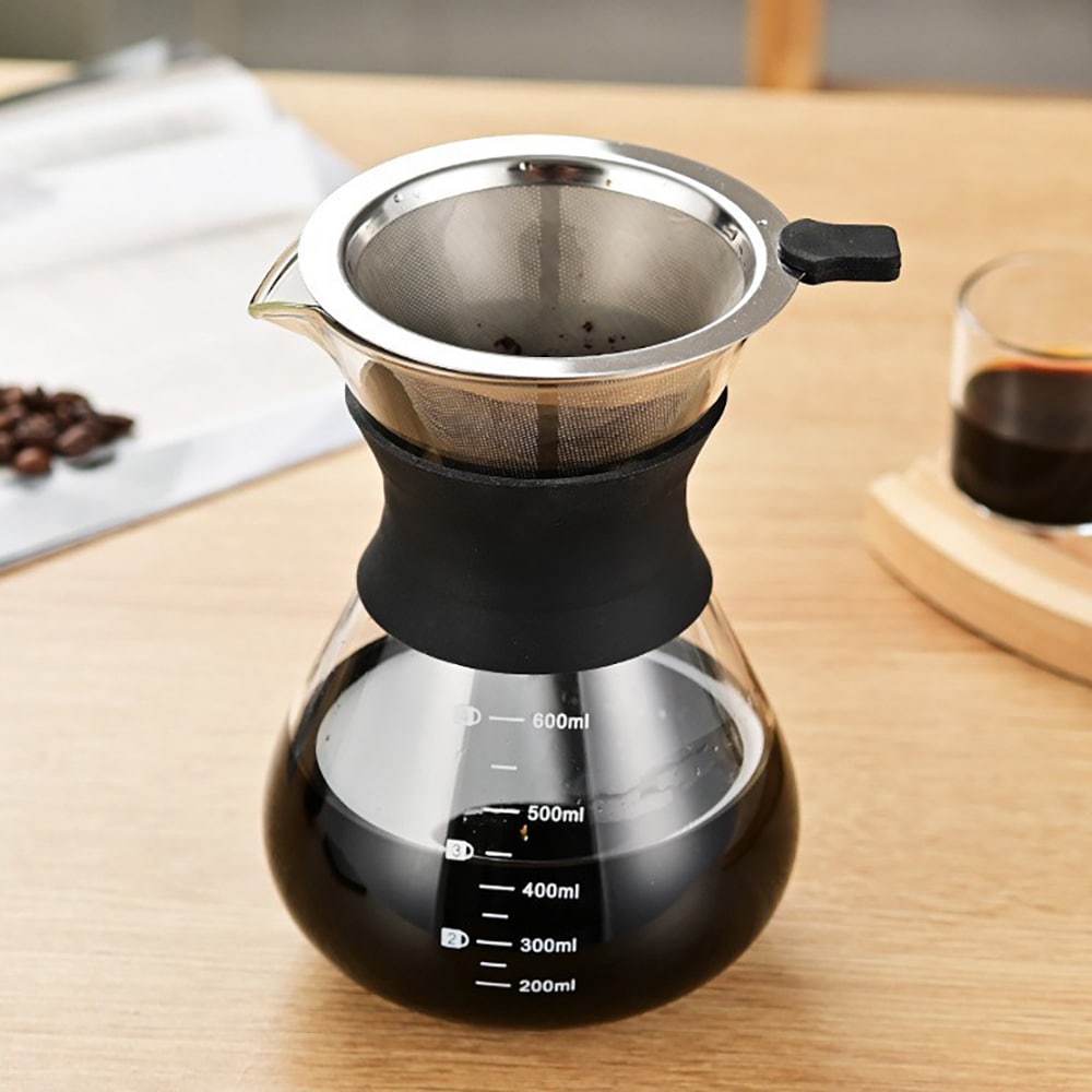 Pour-over-kaffebrygger i glas med filter og silikonehåndtag, 600 ml / Kaffebrygger til manuel brygning