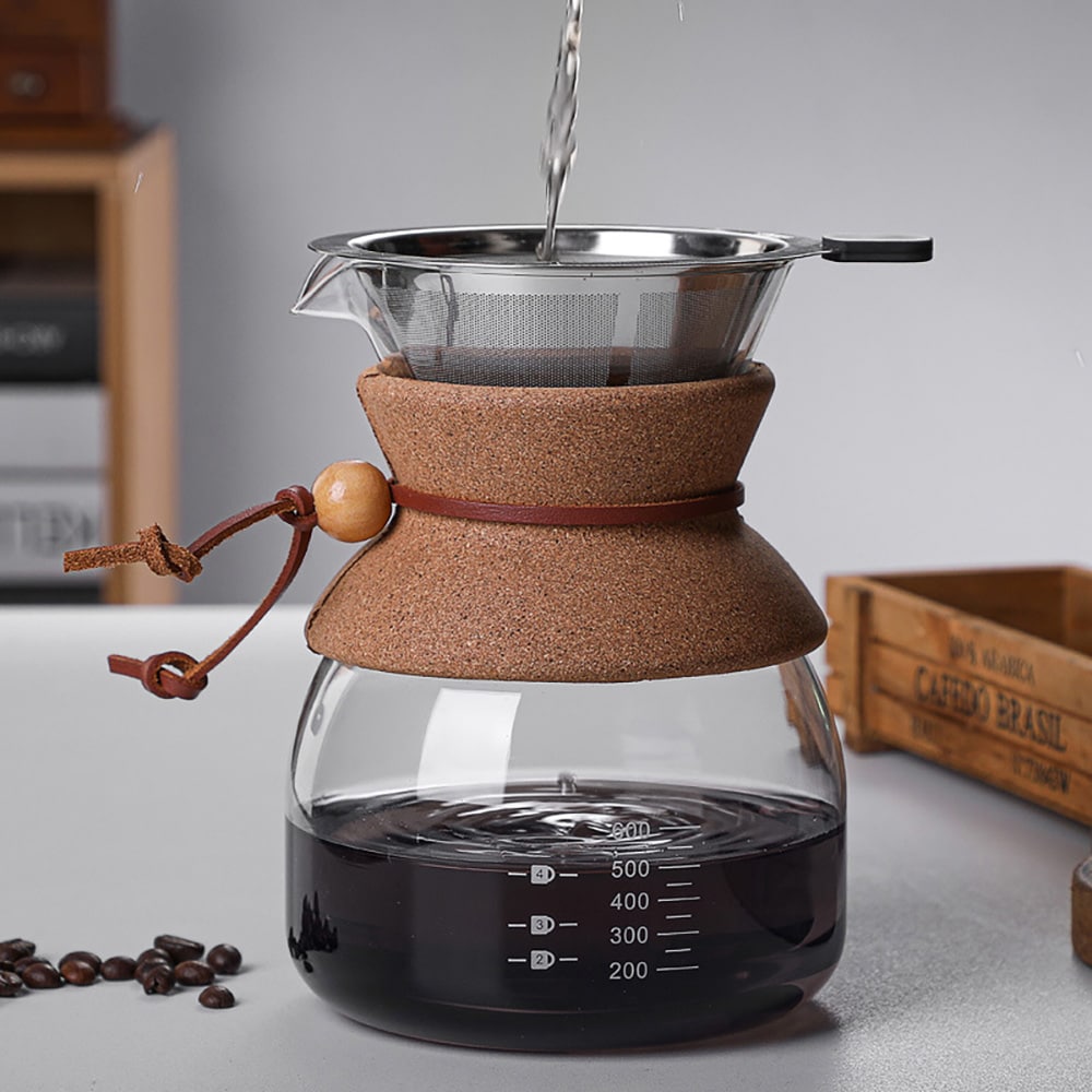 Pour-over-kaffebrygger i glas med filter og korkhåndtag, 600 ml / Kaffebrygger til manuel brygning