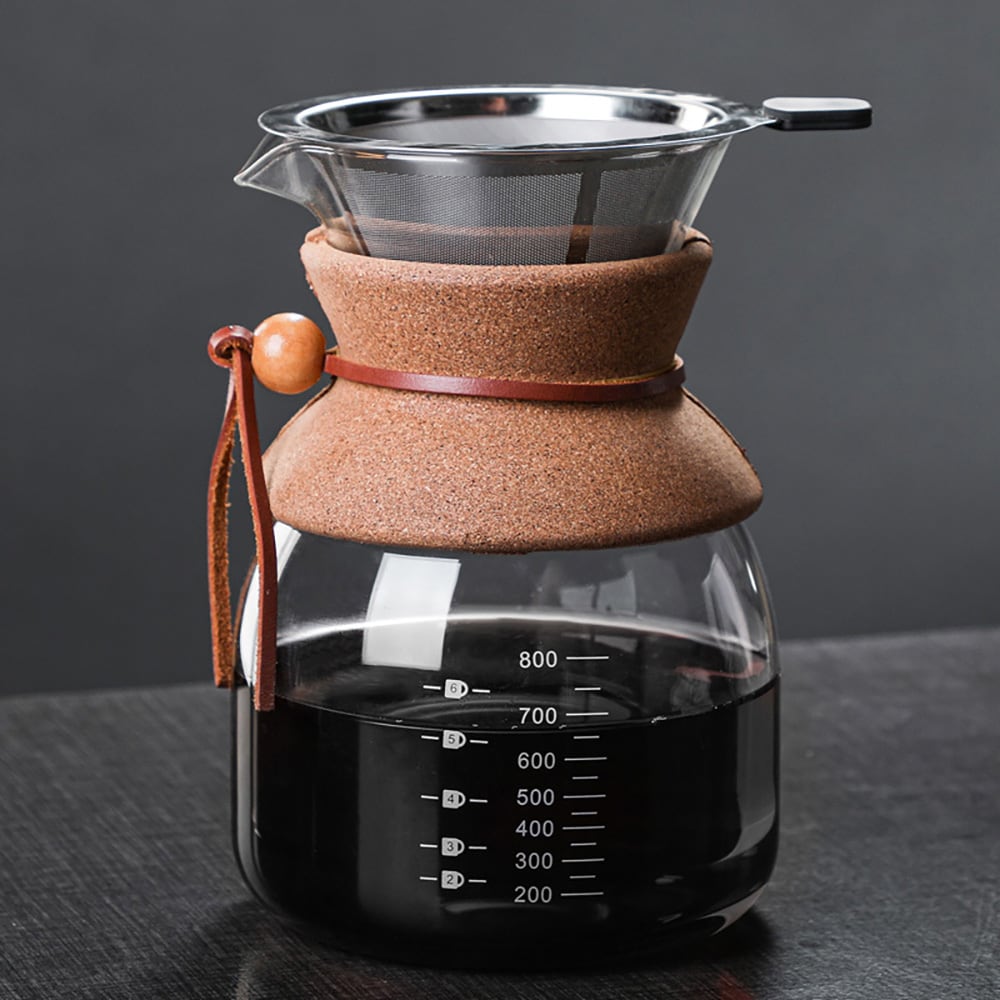 Pour-over-kaffebrygger i glas med filter og korkhåndtag, 800 ml / Kaffebrygger til manuel brygning
