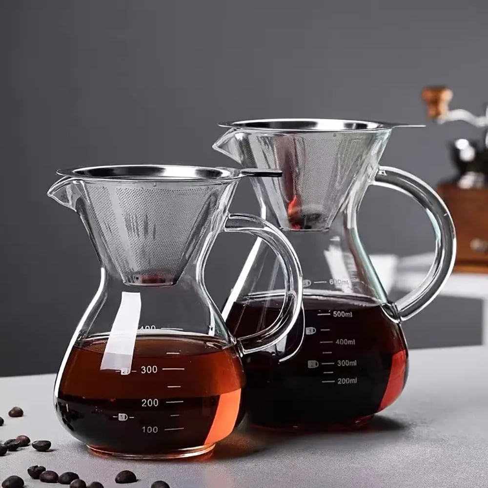 Pour-over-kande i glas med filter i rustfrit stål, 400 ml / Kaffekande til manuel brygning