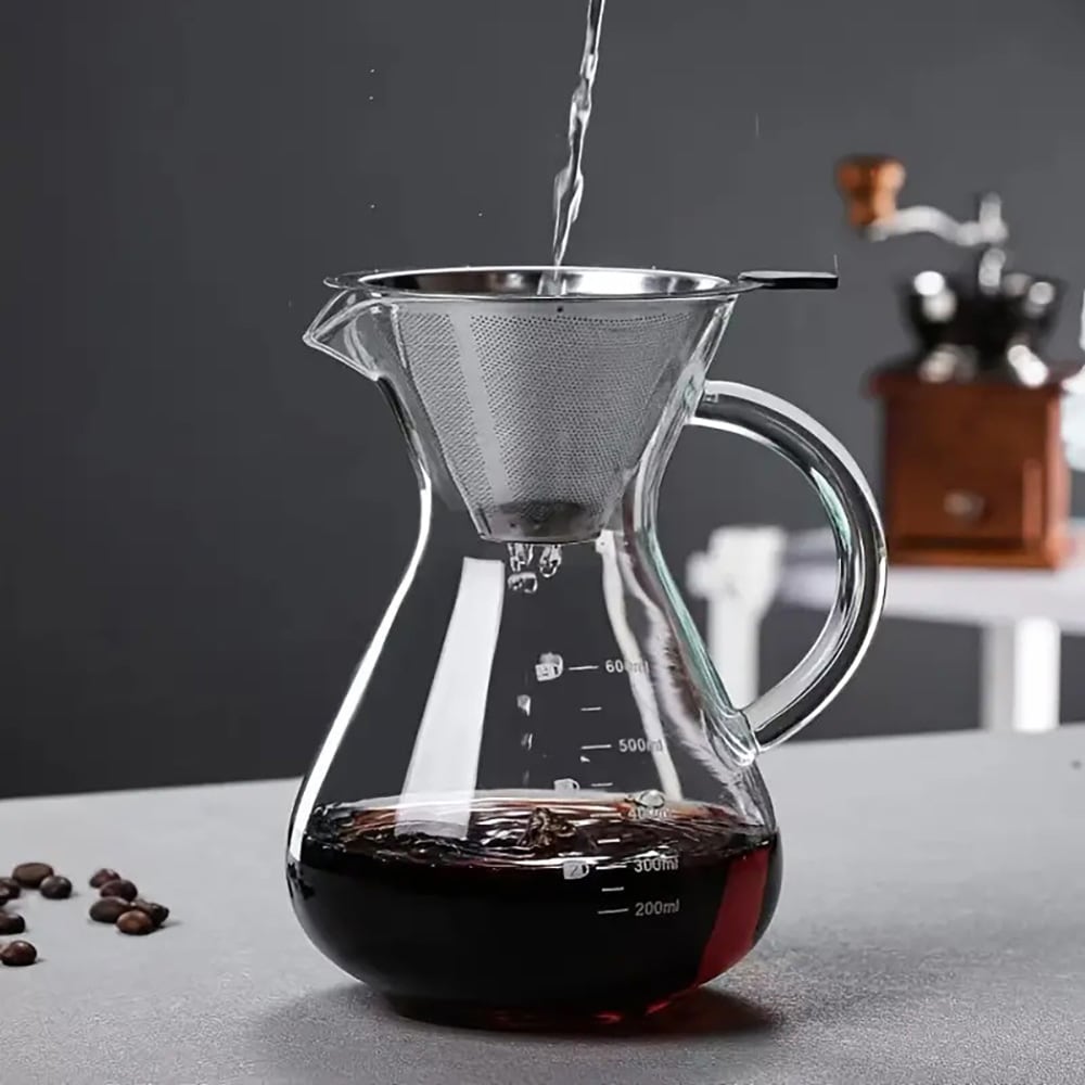 Pour-over-kande i glas med filter i rustfrit stål, 600 ml / Kaffekande til manuel brygning