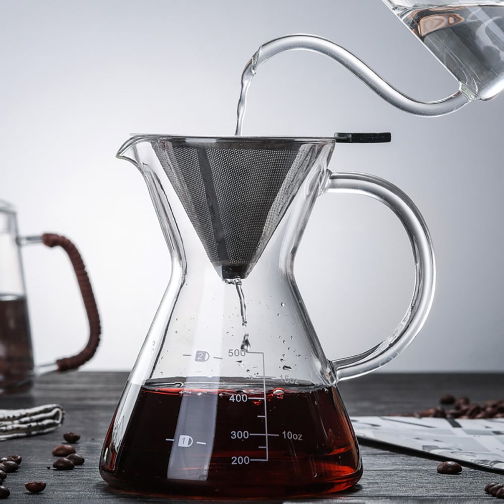 Pour-over-kande i glas med filter i rustfrit stål, 500 ml / Kaffekande til manuel brygning