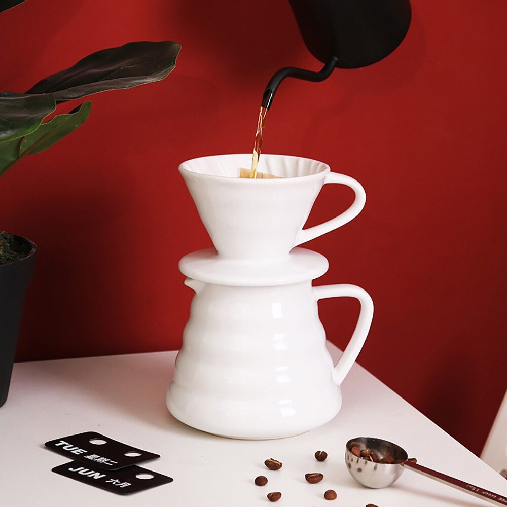 Pour over-kaffesæt i keramik / hvid kaffetragt med kande / håndbrygningssæt til 1–4 kopper