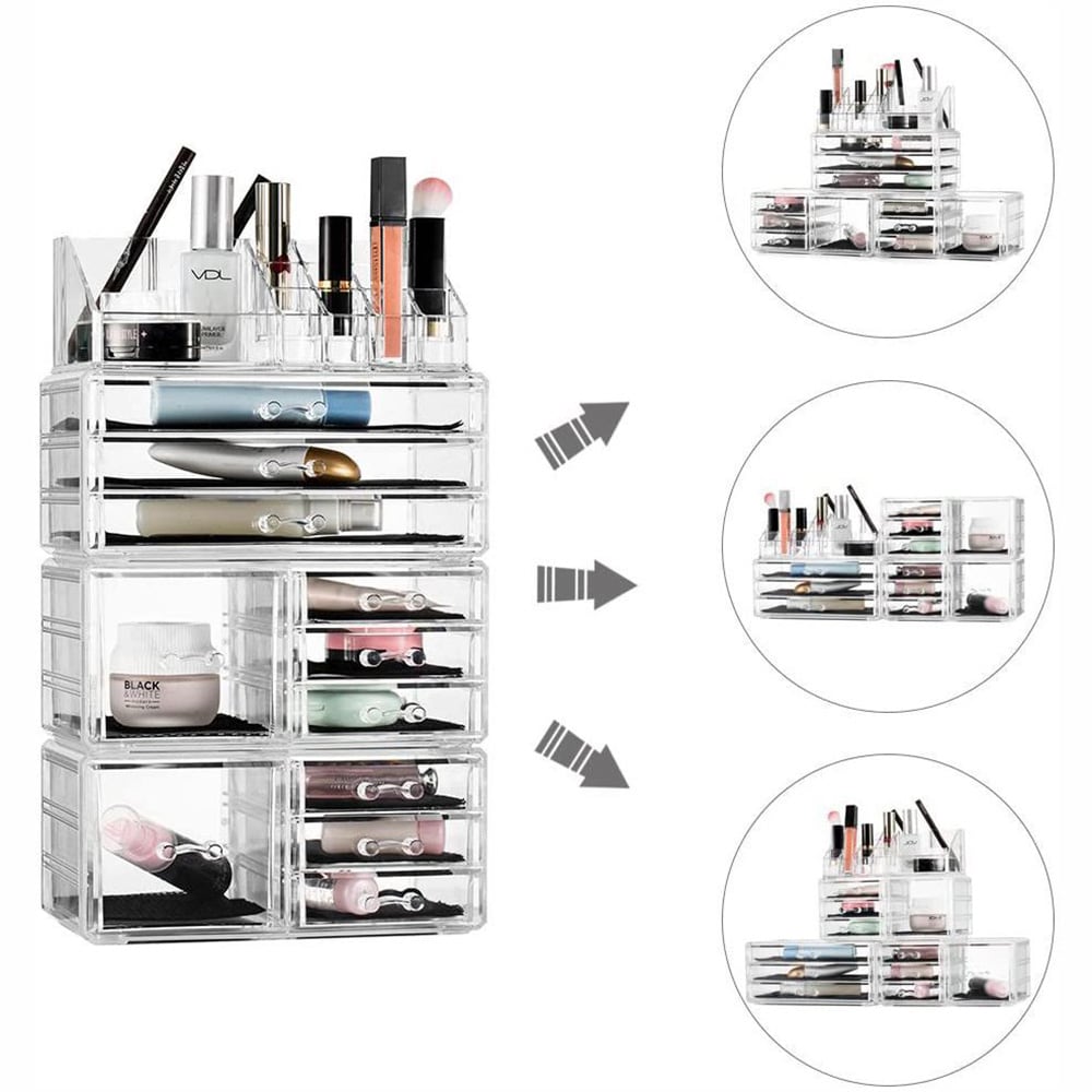 Makeupopbevaring i akryl med skuffer og penselrum / gennemsigtig makeup-organizer / makeupopbevaring