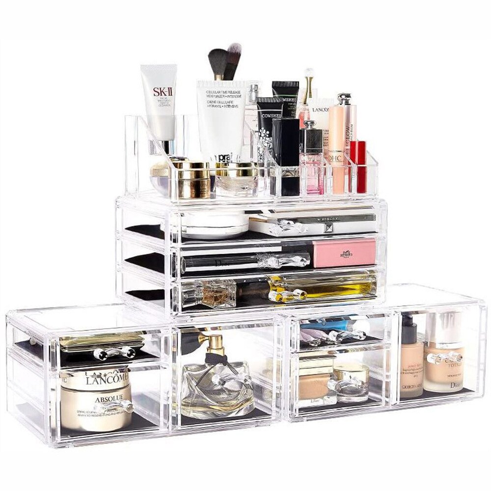 Makeupopbevaring i akryl med skuffer og penselrum / gennemsigtig makeup-organizer / makeupopbevaring