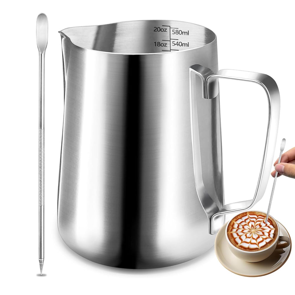 Mælkeskummekande 350 ml / mælkekande i rustfrit stål med latte art-pen / baristaudstyr – sølv