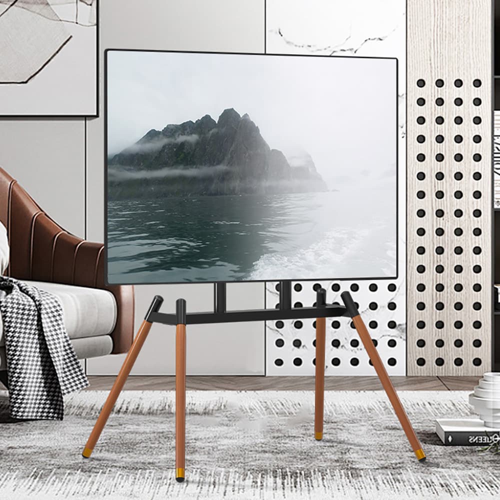 Gulvstativ til TV 37–86″ / TV-stativ i kulstofstål og bøgetræ / VESA op til 400 × 600 mm