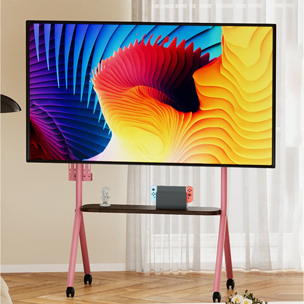 Gulvstativ til TV 32–75″ / TV-stativ med hjul, hylde og VESA-understøttelse 200–600 mm – Pink
