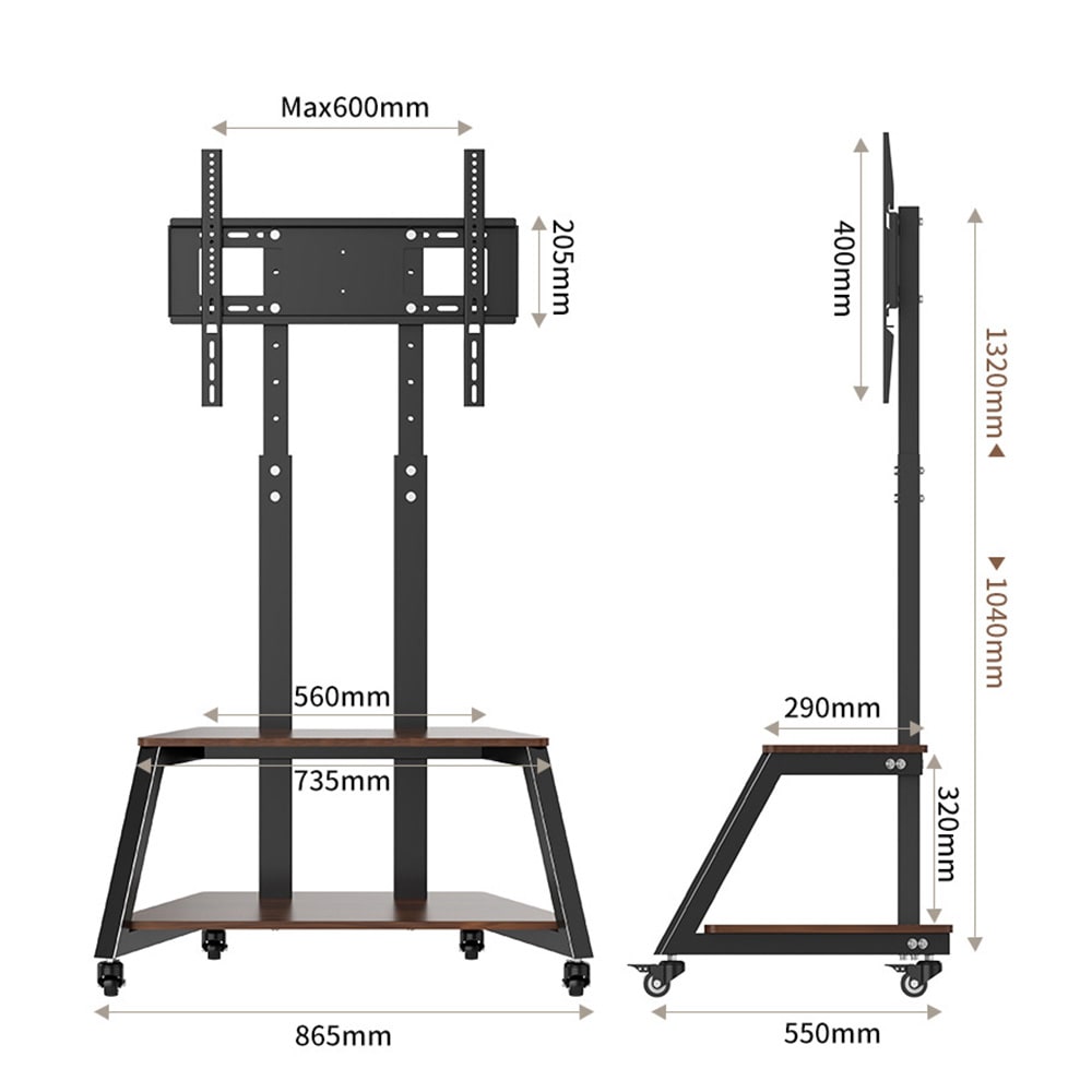 Gulvstativ til TV 32–75″ / TV-stativ med hjul, 2 hylder og VESA op til 400 × 600 mm