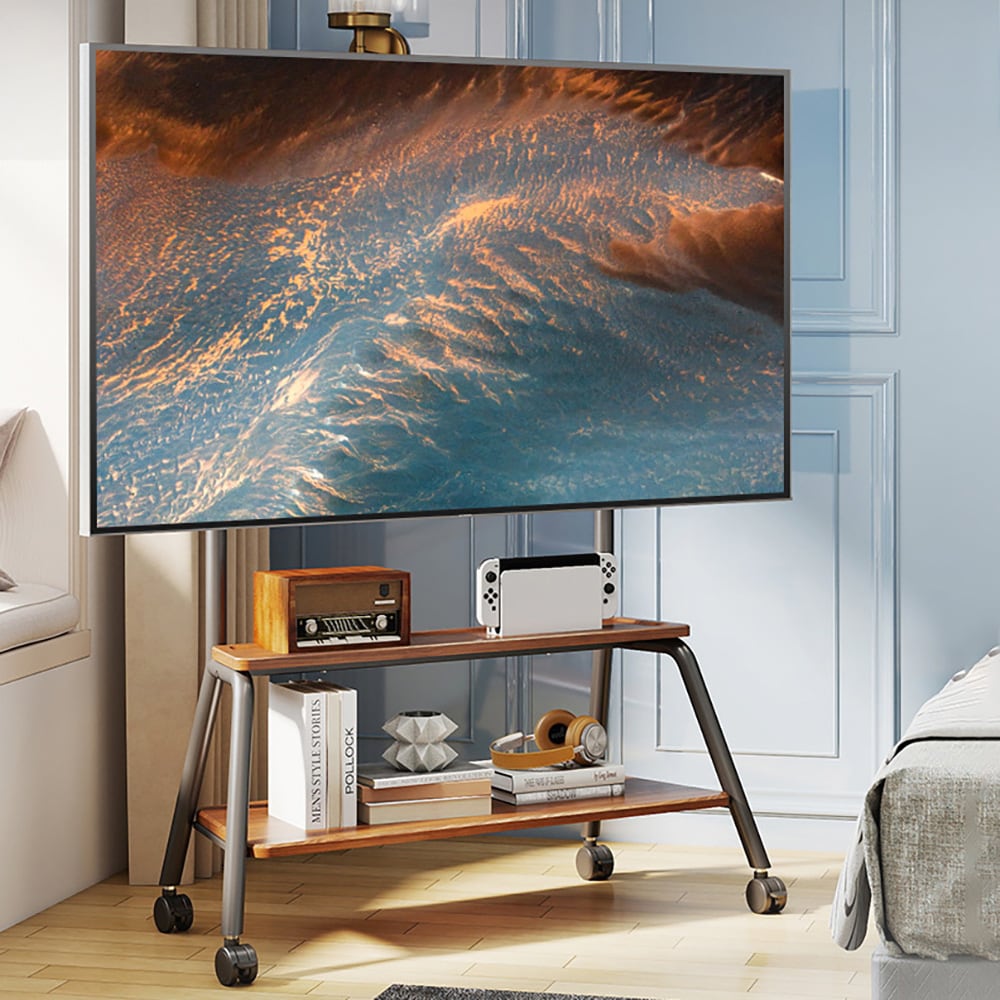 Gulvstativ til TV 40–90″ / TV-stativ med hjul, 2 hylder og monteringshuller op til 610 × 600 mm