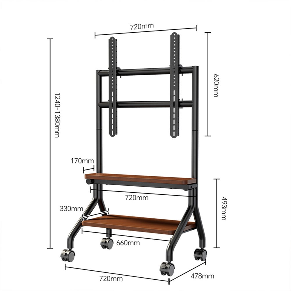 Gulvstativ til TV 32–90″ / TV-stativ med hjul, 2 hylder og VESA op til 600 × 600 mm